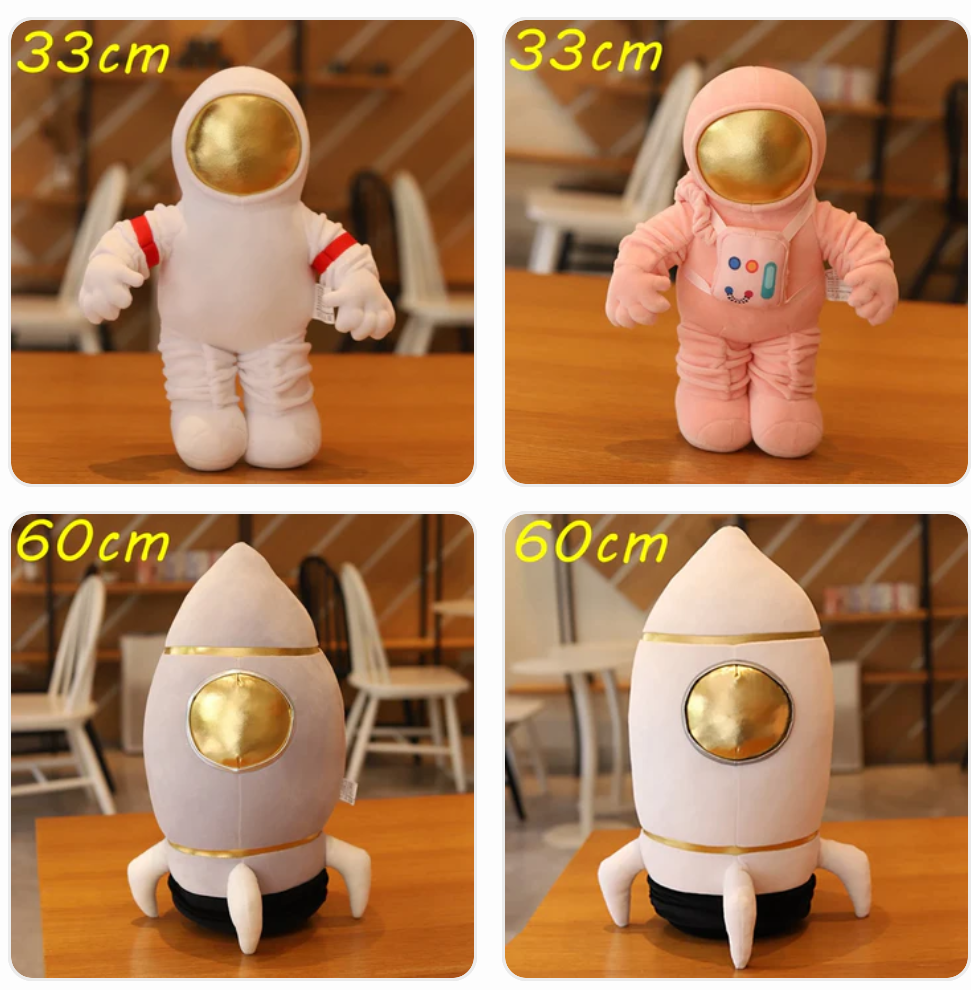 Space Series (Astronaut/Rocket) Plush Toys 33/60cm - Grey/White/Pink