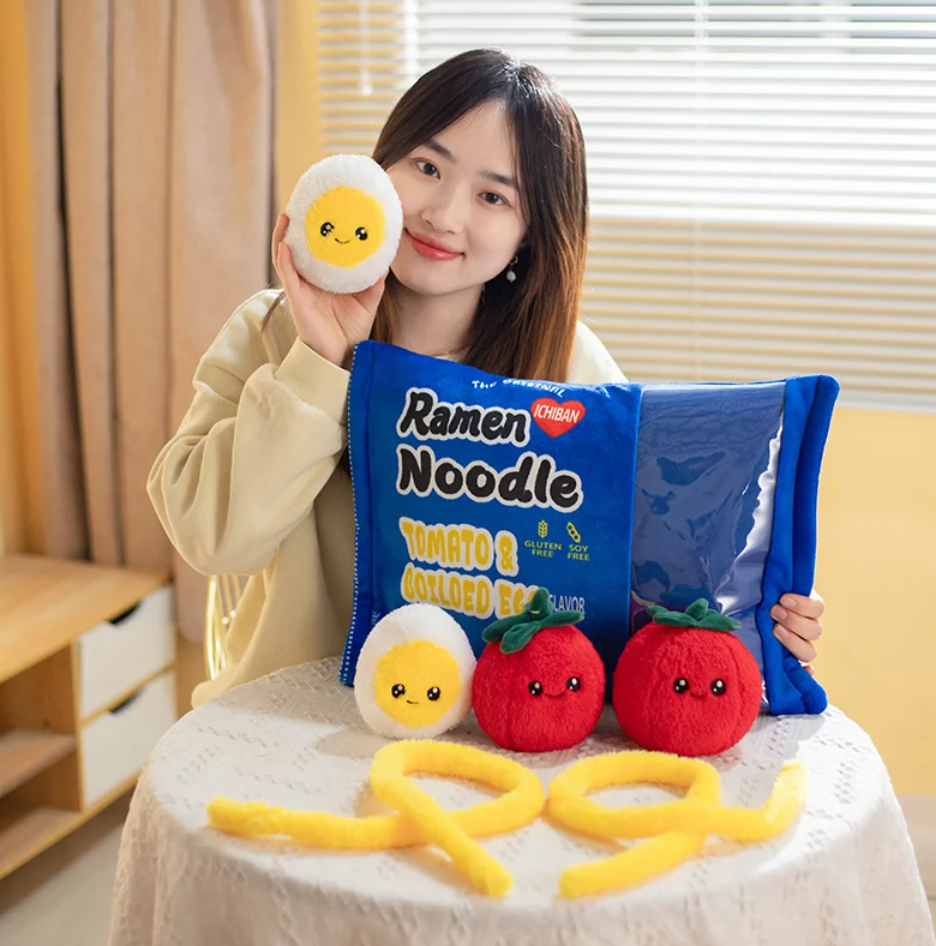 Ramen and Noodle Bag With 6 pieces of Minis Plush Toys 45x35cm - Blue/Orange