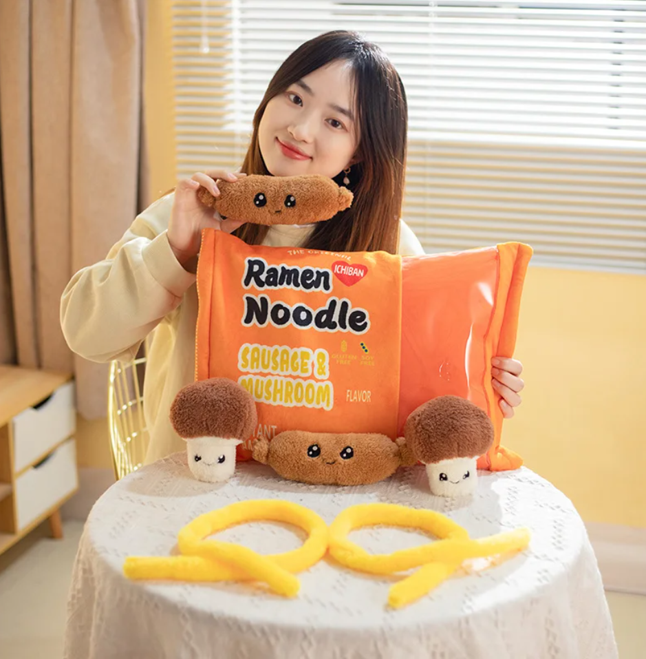 Ramen and Noodle Bag With 6 pieces of Minis Plush Toys 45x35cm - Blue/Orange