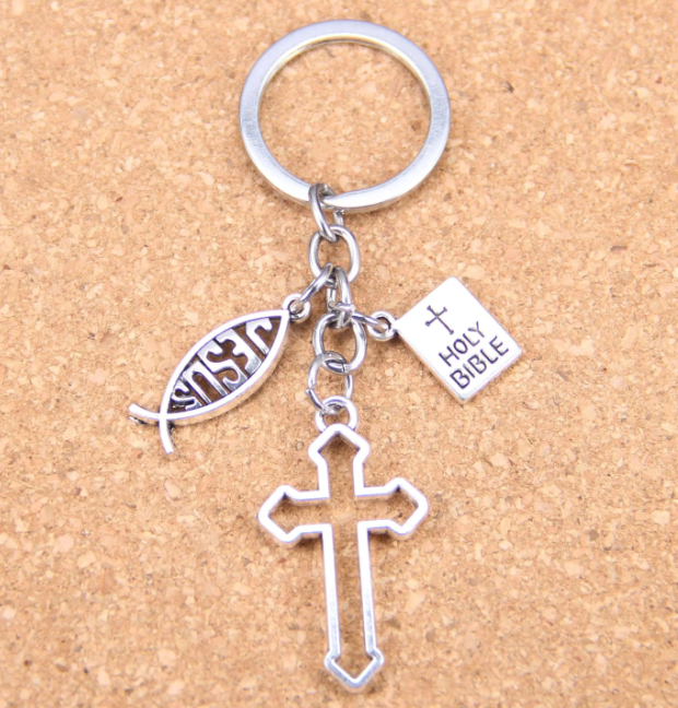 Keychain With The Bible, Cross and Jesus Fish Sign - 2 Choices