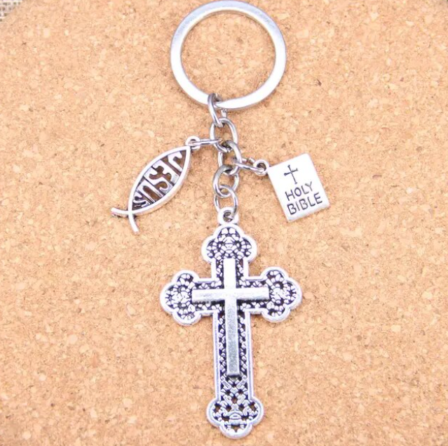 Keychain With The Bible, Cross and Jesus Fish Sign - 2 Choices