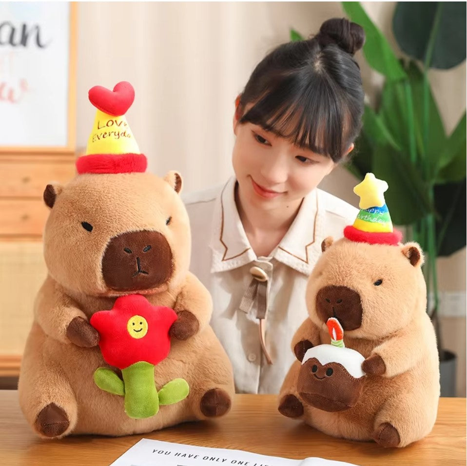 Cute Capybara With Happy Birthday Hat And Cake/Flower/Milk Tea Plush Toys 30/40cm