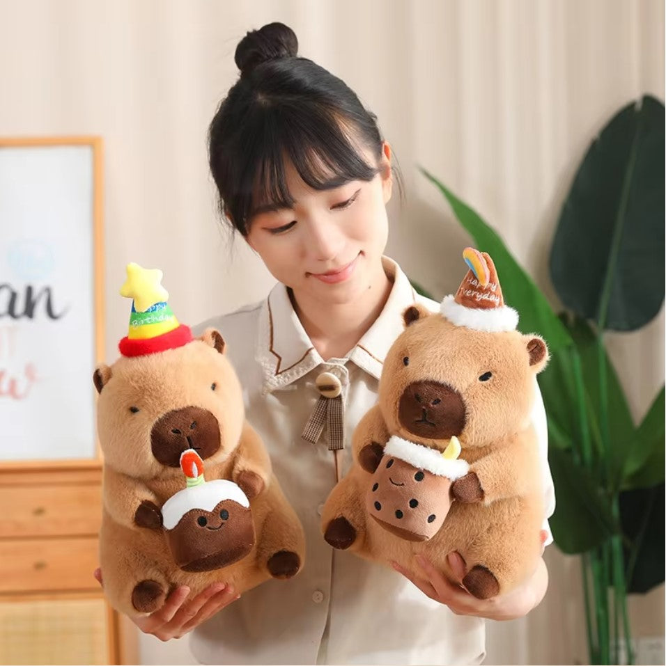 Cute Capybara With Happy Birthday Hat And Cake/Flower/Milk Tea Plush Toys 30/40cm