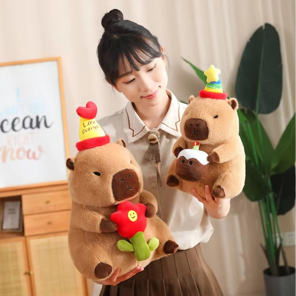 Cute Capybara With Happy Birthday Hat And Cake/Flower/Milk Tea Plush Toys 30/40cm