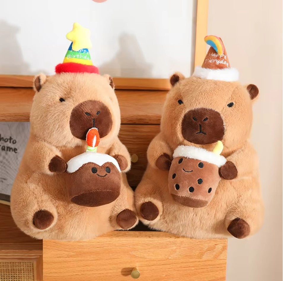 Cute Capybara With Happy Birthday Hat And Cake/Flower/Milk Tea Plush Toys 30/40cm