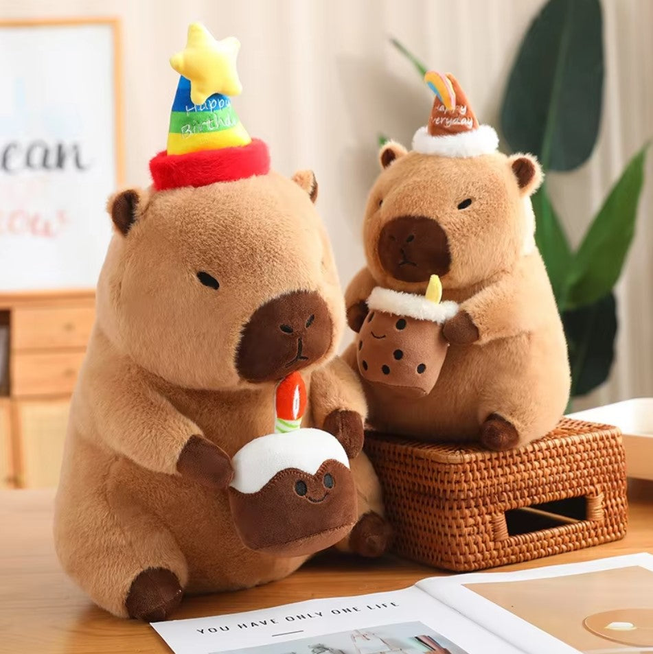 Cute Capybara With Happy Birthday Hat And Cake/Flower/Milk Tea Plush Toys 30/40cm