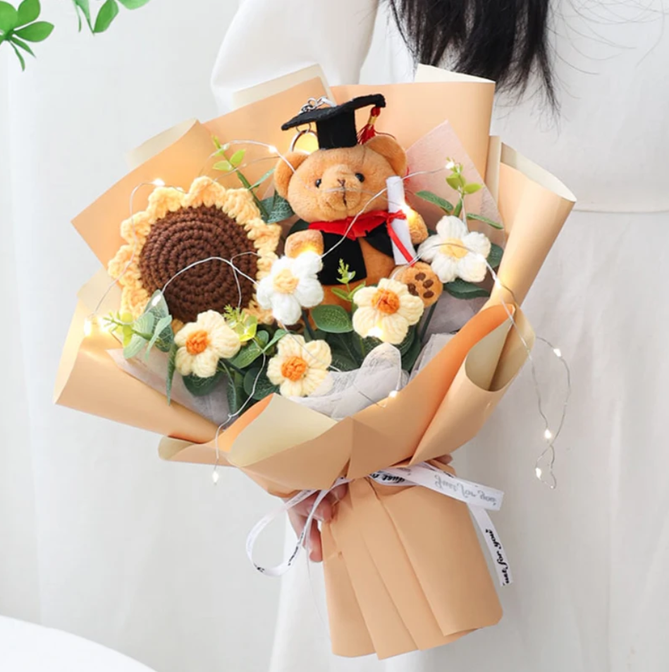 Teddy Bear Plush With Flower Bouquet With Led Ligt and Bag for Graduation - 3 Styles