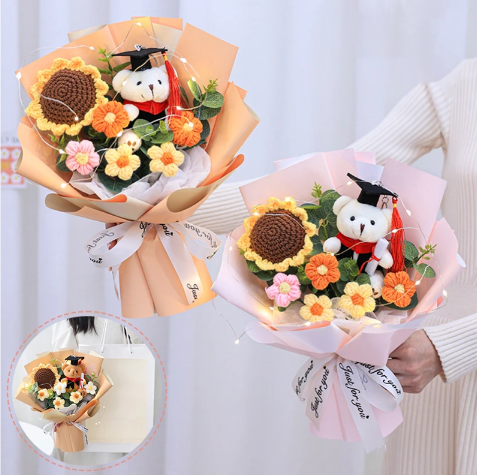 Teddy Bear Plush With Flower Bouquet With Led Ligt and Bag for Graduation - 3 Styles