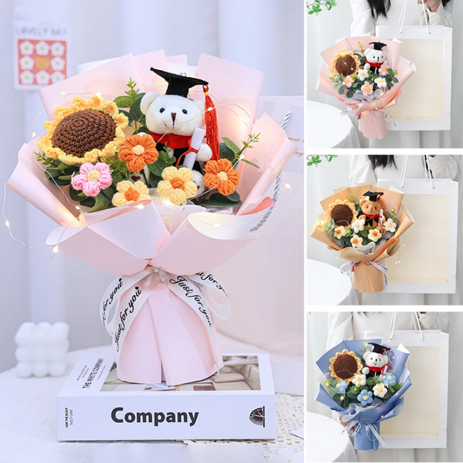 Teddy Bear Plush With Flower Bouquet With Led Ligt and Bag for Graduation - 3 Styles