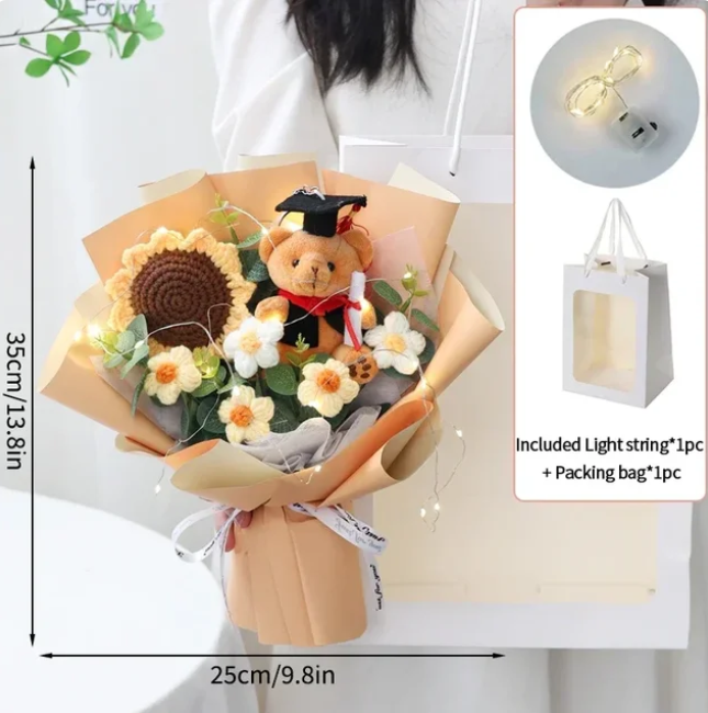 Teddy Bear Plush With Flower Bouquet With Led Ligt and Bag for Graduation - 3 Styles