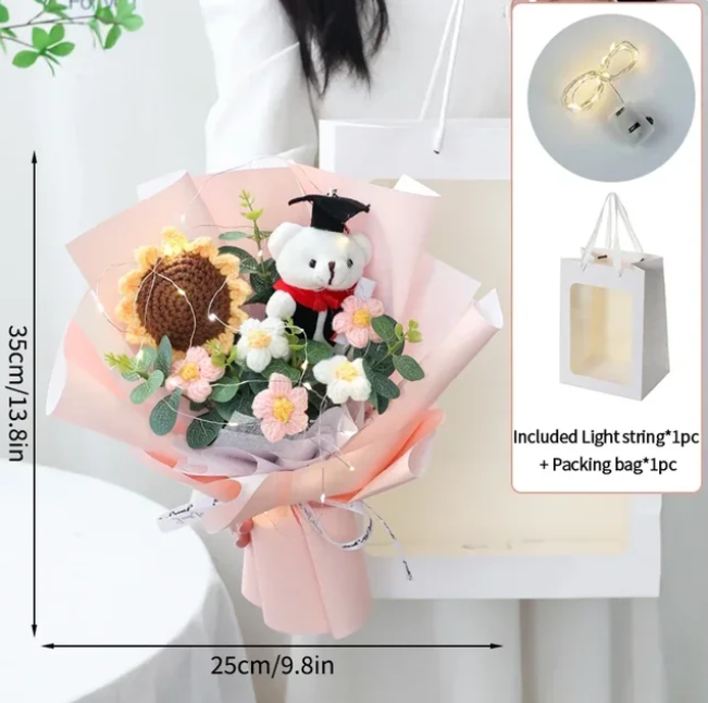 Teddy Bear Plush With Flower Bouquet With Led Ligt and Bag for Graduation - 3 Styles