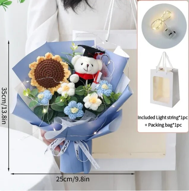 Teddy Bear Plush With Flower Bouquet With Led Ligt and Bag for Graduation - 3 Styles