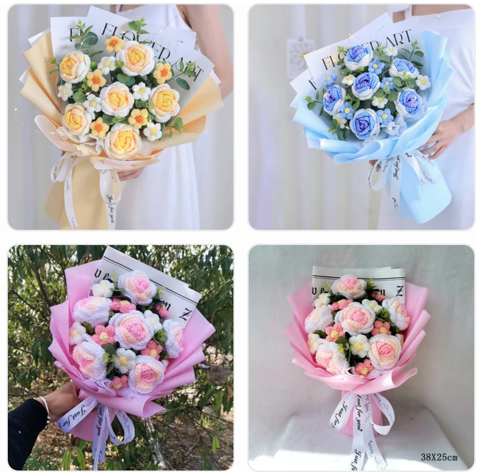 Cotton Rope Handmade Roses Flower Bouquets - Pink/Blue/Yellow/Purple - 9 Styles