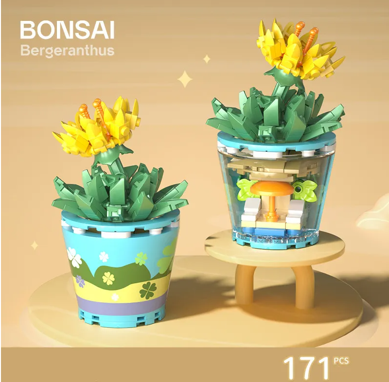 Flower Bouquet In Pot With Bonsai Style Mini Building Blocks - 10 Styles