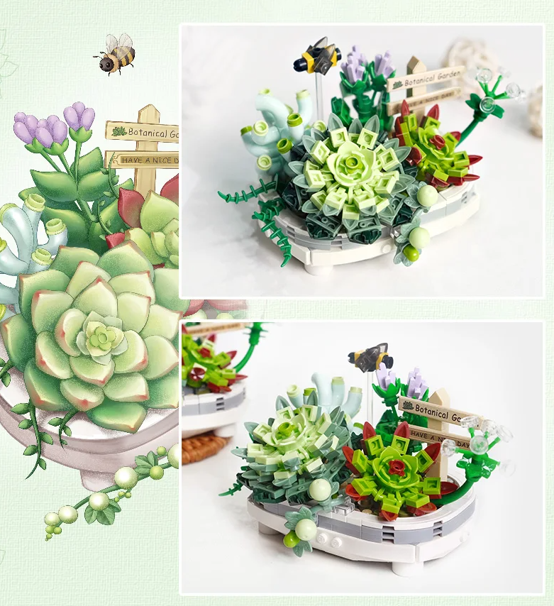 Tree With Flowers (Cherry Blossom) / Succulents In Bonsai Style Mini Building Blocks - 2 Styles