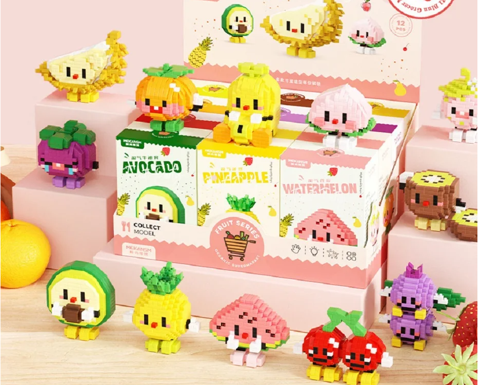 Cute Fruit (Strawberry/Avocado/Orange/Grape/Watermelon/Cherry/Kiwi/Durian/Banana/Peach/Pineapple/Mangosteen ) Mini Building Blocks - 12 Styles