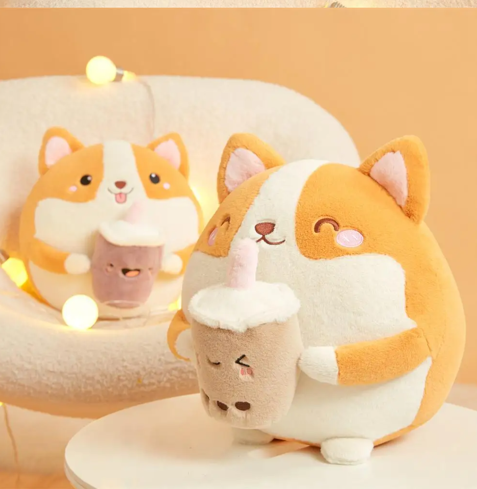 Cute Round Corgi Dog With Milk Tea Plush Toys 30cm - 2 Styles