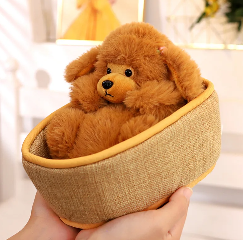 Dog(Poodle)/Red Panda In Basket Plush Toys 21cm - Brown/White/Grey