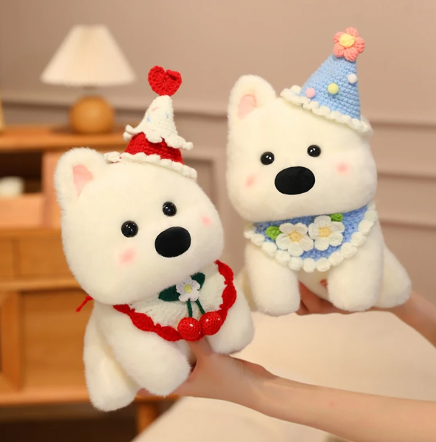 Cute Dog (West Highland White Terrier) With Scarf Or Party Hat Plush Toys 25cm - 10 Styles