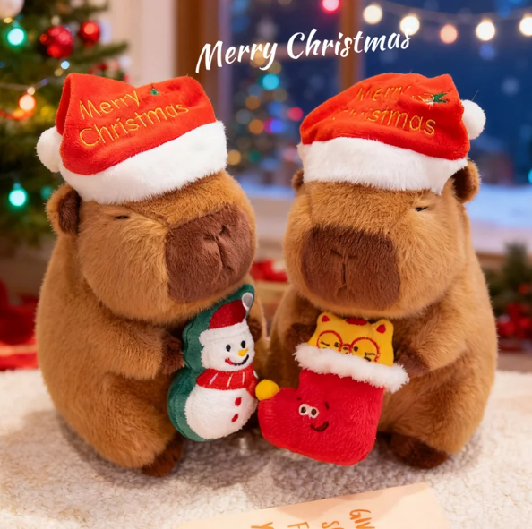Cute Capybara With Christmas Hat and Decor Plush Toys 20cm
