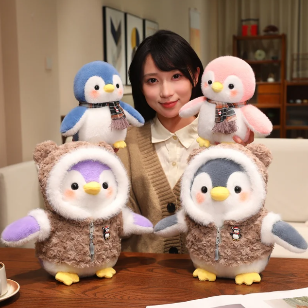 Cute Penguin With Cloth/Scarf Plush Toys 22/30cm - Grey/Pink/Blue/Purple