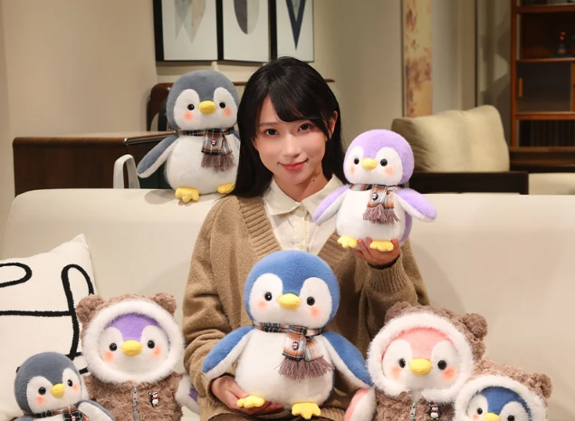 Cute Penguin With Cloth/Scarf Plush Toys 22/30cm - Grey/Pink/Blue/Purple