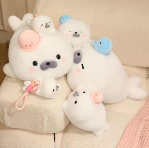 Cute White Seal Plush Toys 25/45cm Or Plush Keychains 15cm - Round/Close Eyes