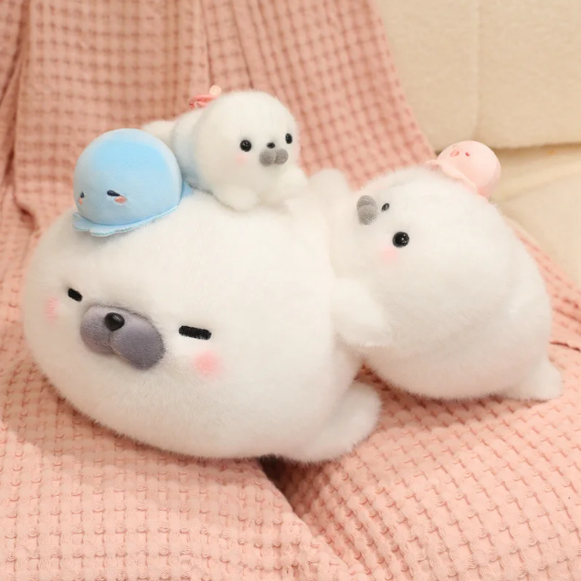 Cute White Seal Plush Toys 25/45cm Or Plush Keychains 15cm - Round/Close Eyes