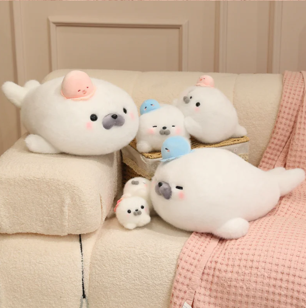 Cute White Seal Plush Toys 25/45cm Or Plush Keychains 15cm - Round/Close Eyes
