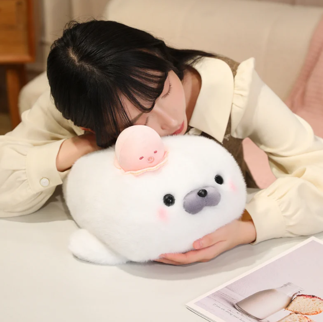 Cute White Seal Plush Toys 25/45cm Or Plush Keychains 15cm - Round/Close Eyes