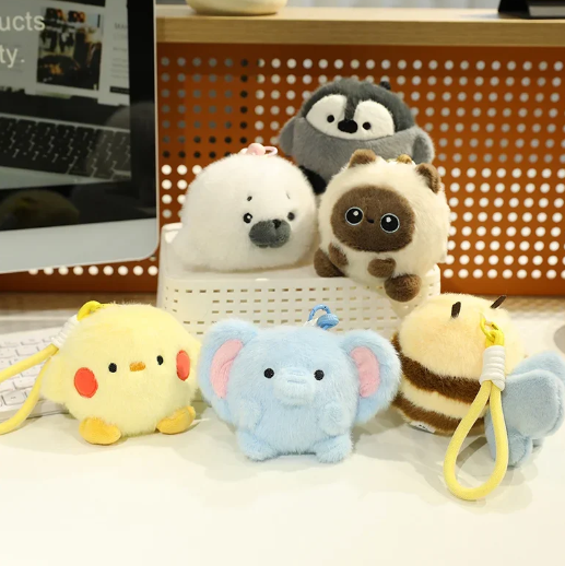 Cute Ball Shaped Animal Plush Keychain - Cat/Rabbit/Seal/Penguin/Cow/Elephant/Bee/Bird/Hamster