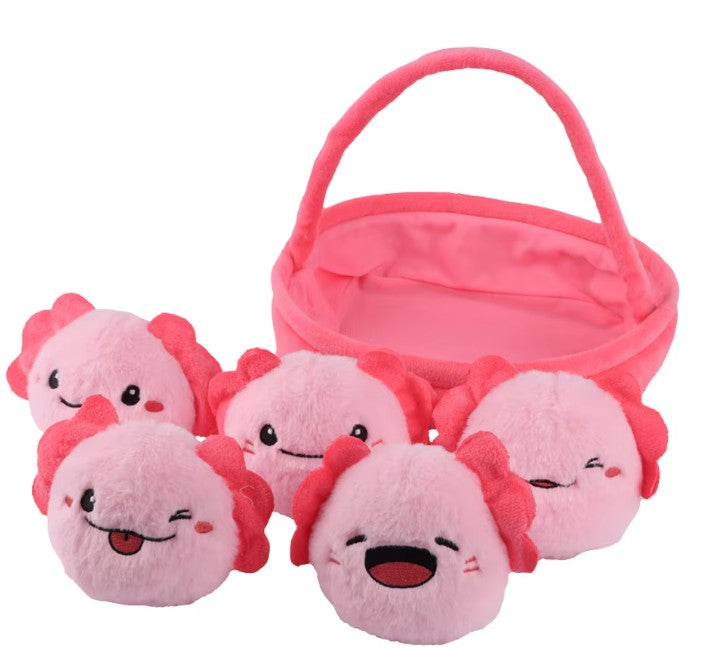 A Basket of 5 pcs Mini Plush Toys - Strawberries/Rabbits/Axolotls/Dinosaurs/Carrots/Ducks/Capybaras/Cats