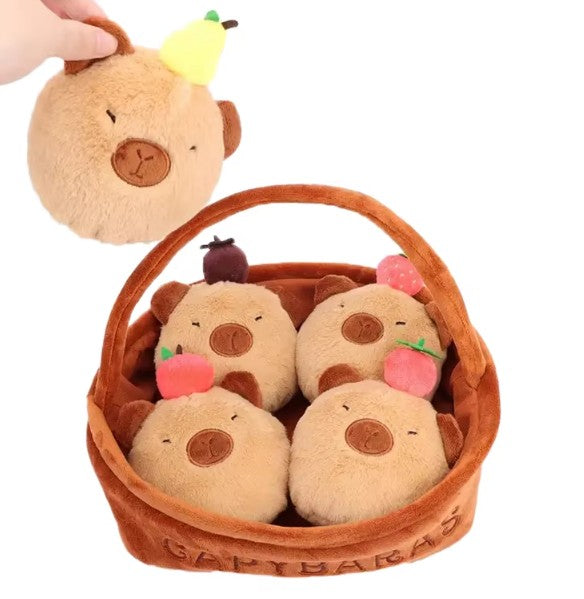 A Basket of 5 pcs Mini Plush Toys - Strawberries/Rabbits/Axolotls/Dinosaurs/Carrots/Ducks/Capybaras/Cats