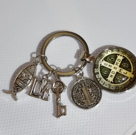 Keychain With Saint Benedict Medallion, Jesus Fish Sign and Other charms - 10 Choices