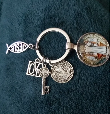 Keychain With Saint Benedict Medallion, Jesus Fish Sign and Other charms - 10 Choices