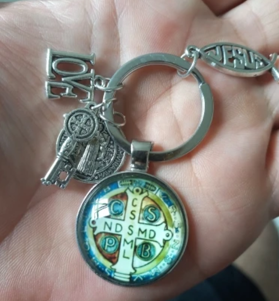 Keychain With Saint Benedict Medallion, Jesus Fish Sign and Other charms - 10 Choices