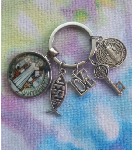 Keychain With Saint Benedict Medallion, Jesus Fish Sign and Other charms - 10 Choices