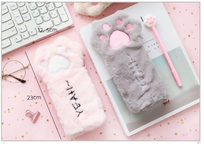 Cute Cat Paw Pencil Plush Bag (Pink/Grey/Brown) - 4 Styles