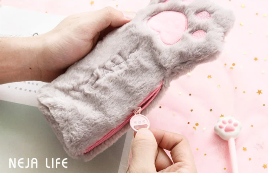 Cute Cat Paw Pencil Plush Bag (Pink/Grey/Brown) - 4 Styles