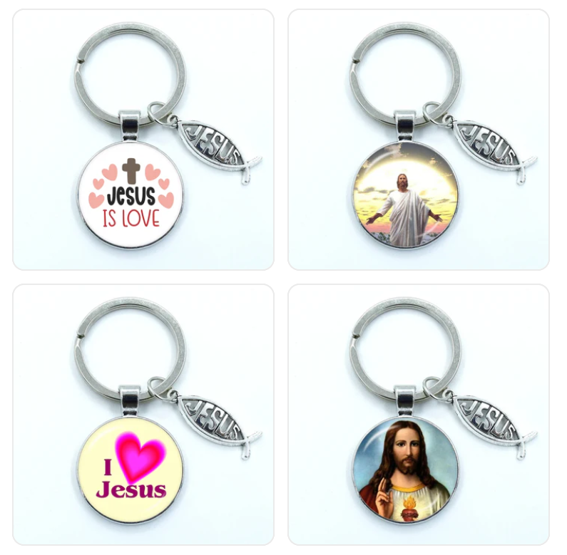 Keychain With The Jesus Image/"Love Jesus" And Jesus Letter in Ichthys (Fish Shape)- 14 Choices