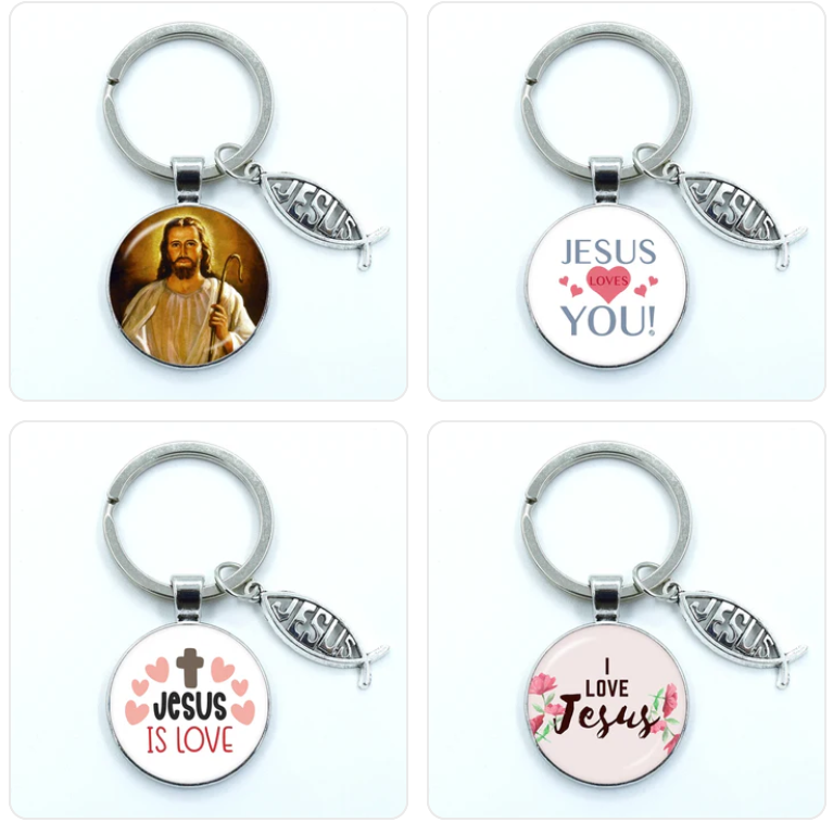 Keychain With The Jesus Image/"Love Jesus" And Jesus Letter in Ichthys (Fish Shape)- 14 Choices