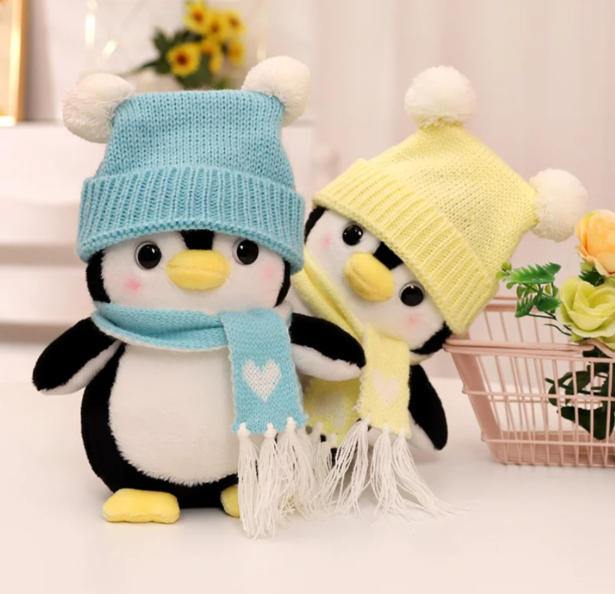 Cute Penguin With Hat And Scarf Plush Toys 25/35cm - Red/Blue/Yellow