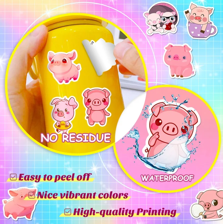 50 pcs Cute/Kawaii Pink Pig Stickers