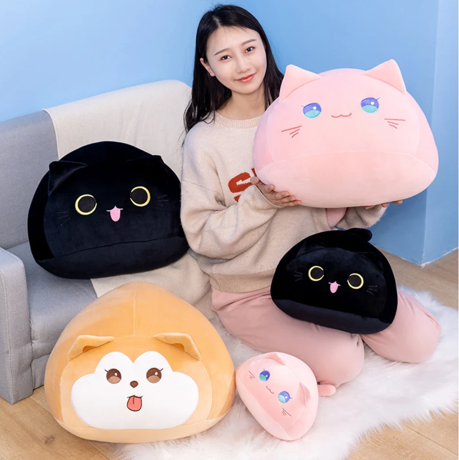 Cute Round Cat/Dog Plush Pillow Toys 20/30/40cm - Brown/Black/Pink