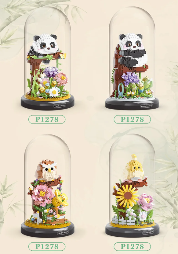 Cute Panda/Bird With Flowers And Clear Display Set Mini Building Blocks