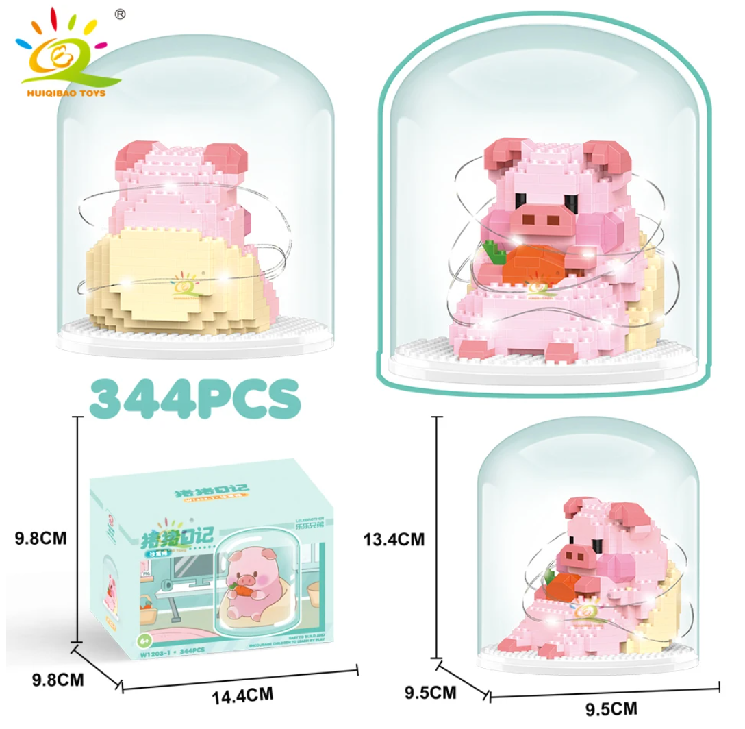 Cute Pig With/Without Clear Display And Light Set Mini Building Blocks - 12 Styles