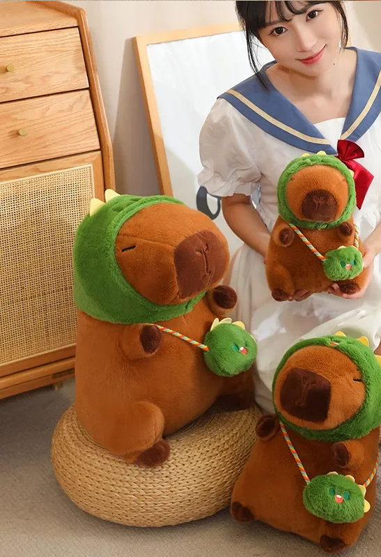 Capybara With Animal (Frog/Rabbit/Dinosaur/Dog) Hat and Bag Plush Toys 25/35/50cm