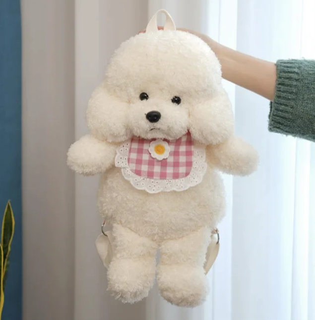 Cute Dog(Poodle) With/WIthout Bib Plush Backpacks 35/45cm - White/Brown/Khaki