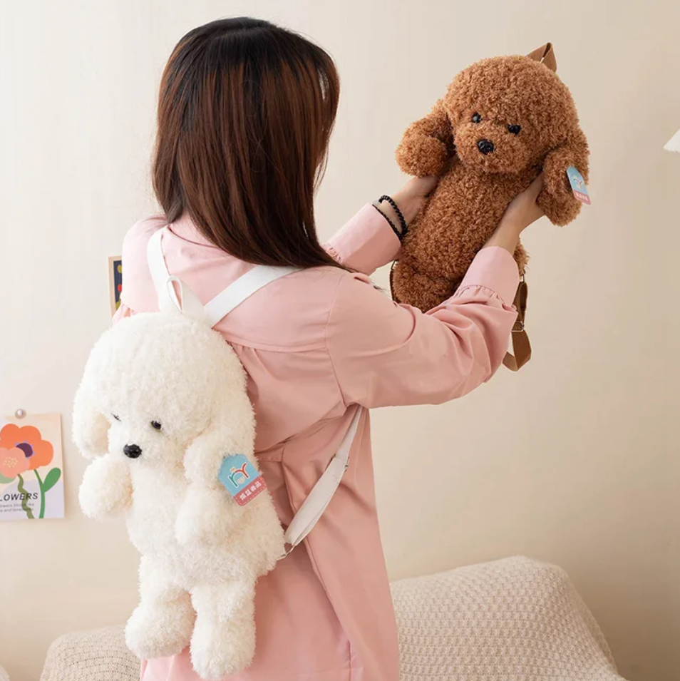 Cute Dog(Poodle) With/WIthout Bib Plush Backpacks 35/45cm - White/Brown/Khaki