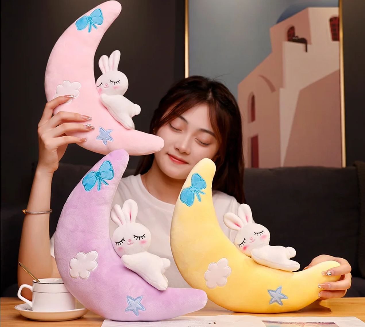 Cute Rabbit With Moon Plush Pillow Toy 30/50/70cm - Purple/Yellow/Pink